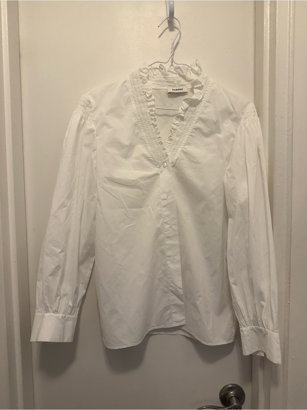Sandro White Ruffled V-Neck Blouse